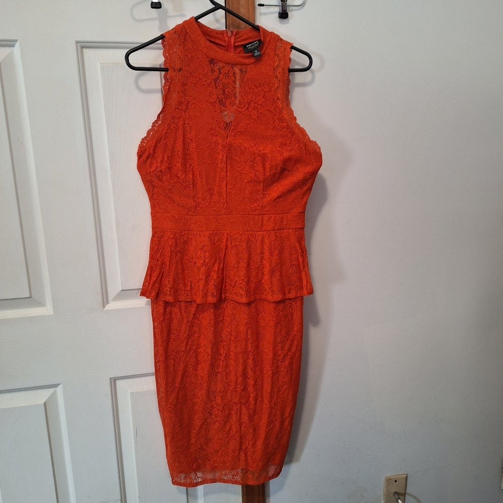 Nicole MillerOrange Lace Peplum Dress